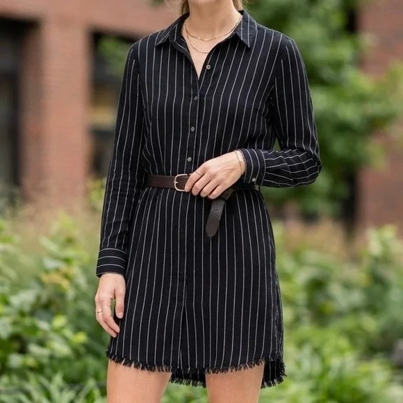 Umgee USA Black Pinstripe Cotton Shirt Dress Raw Frayed Hem Small A4505 - Picture 1 of 7